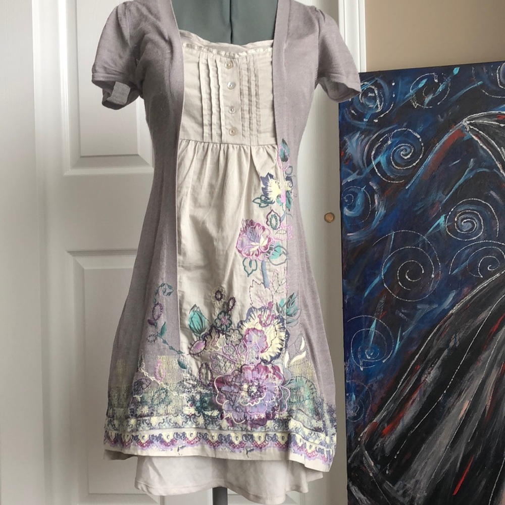 Gray embroidered dress.  Lulumari Small